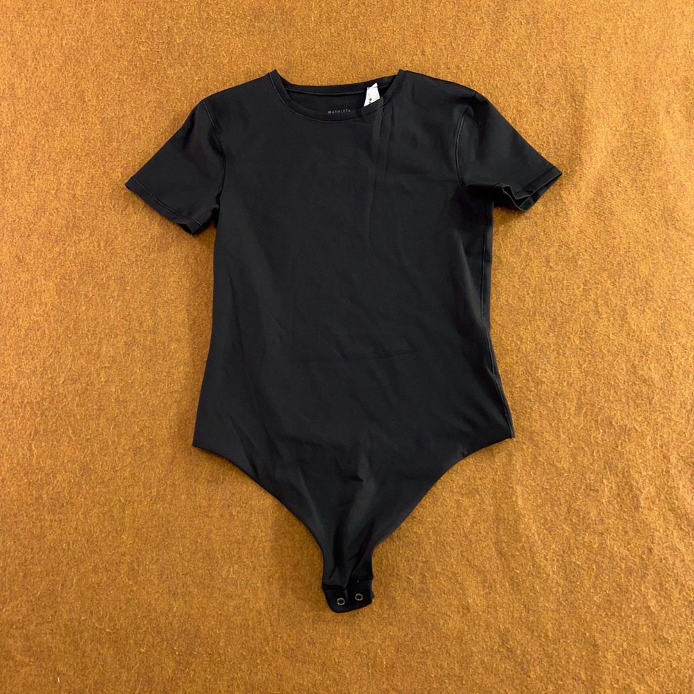 Athleta Womens XS Black Short Sleeve Crew Neck Stretch Thong Bodysuit New